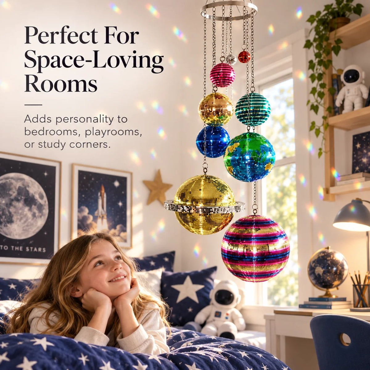🌈 Solar System Disco Ball Hanging Mobile – Colorful Reflective Celestial Room Decor，10*26in