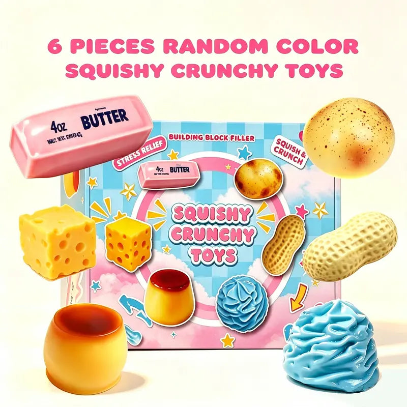 6-Piece Crunchy ASMR Food Squishy Set – Sensory Stress Relief Fidget Toys