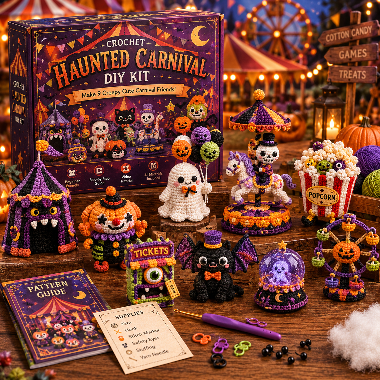 🎃 Creepy Cute Crochet Adventures — 9-Piece Halloween & Fantasy DIY Crochet Kit