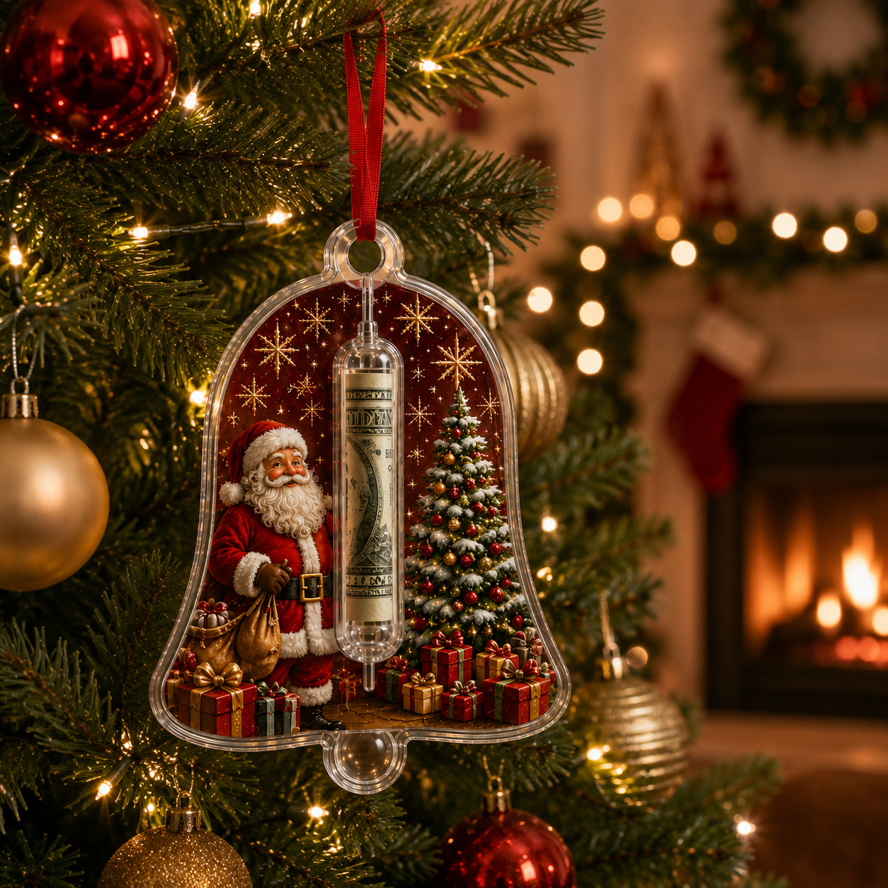 Christmas money holder bell ornament hanging on Christmas tree