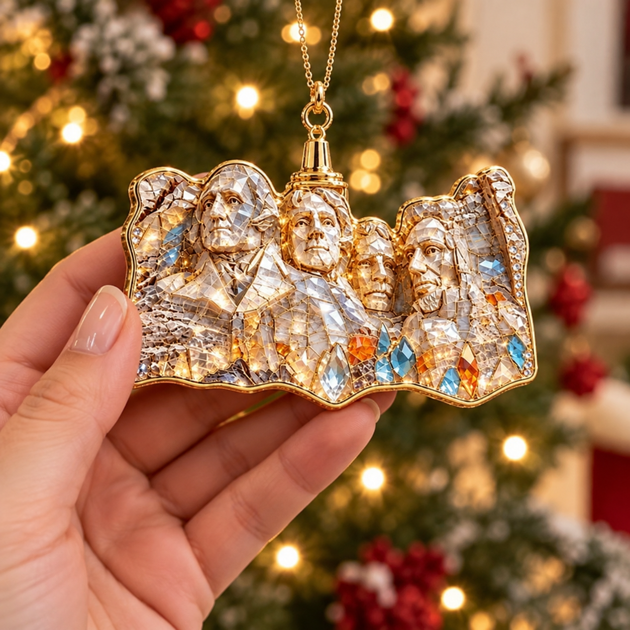 Mount Rushmore crystal Christmas ornament shown in hand
