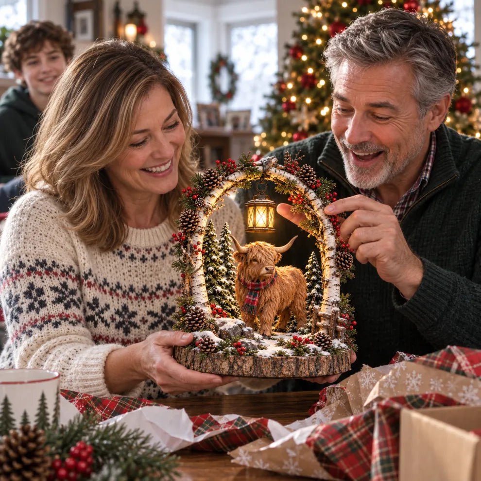 Woodland Glow Christmas lantern scene being opened as a holiday gift