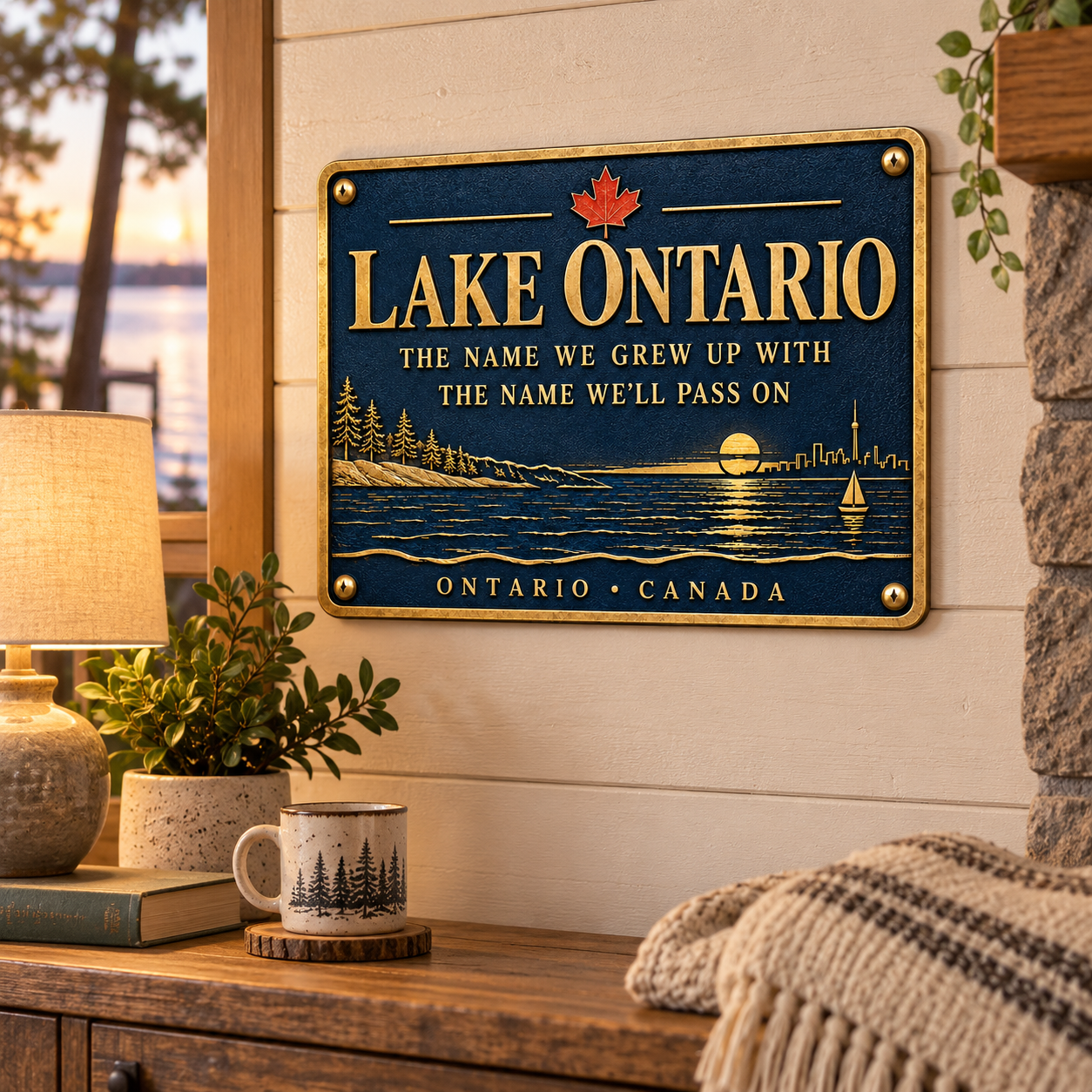 Lake Ontario metal wall sign in a warm cottage interior