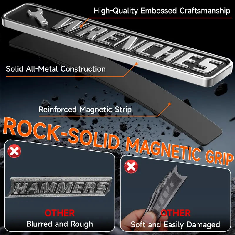 All metal magnetic toolbox label construction and reinforced magnetic strip