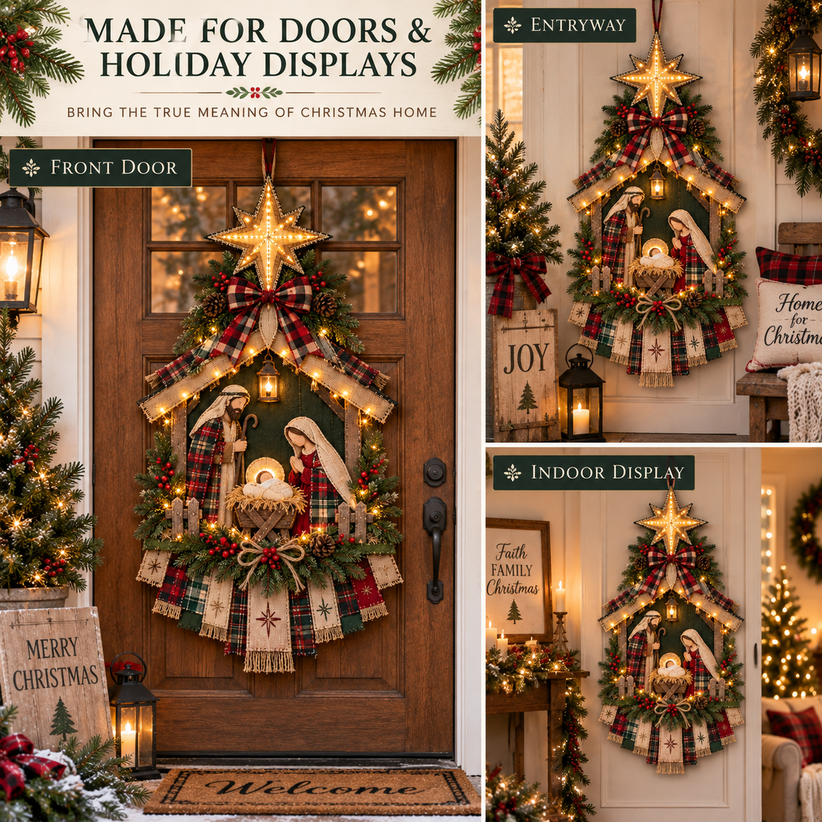 Christmas Nativity hanging shown in different display locations