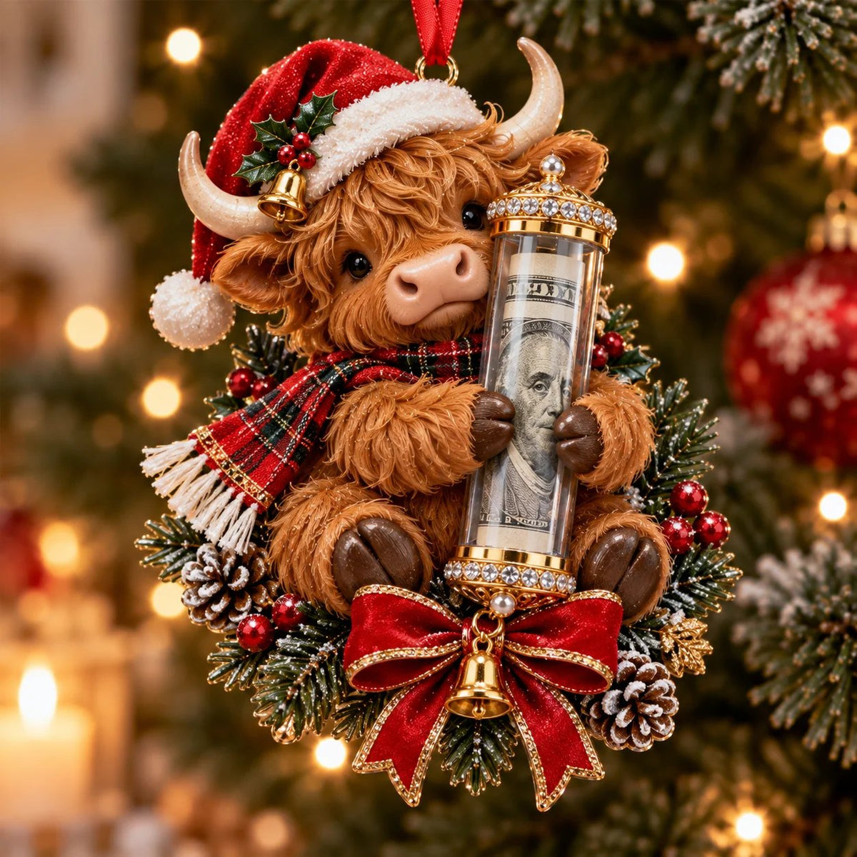 Highland cow Christmas cash gift ornament holding rolled money