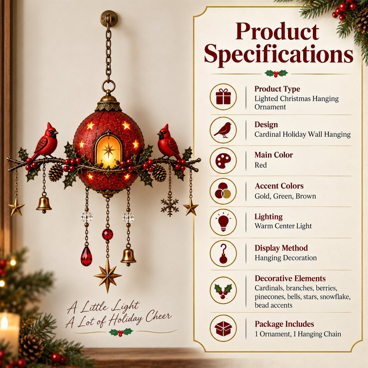 🐦 Lighted Cardinal Christmas Wall Hanging Decor