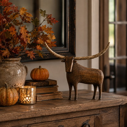 🐂 Vintage Longhorn Sculpture – Antique-Inspired Western Home Accent