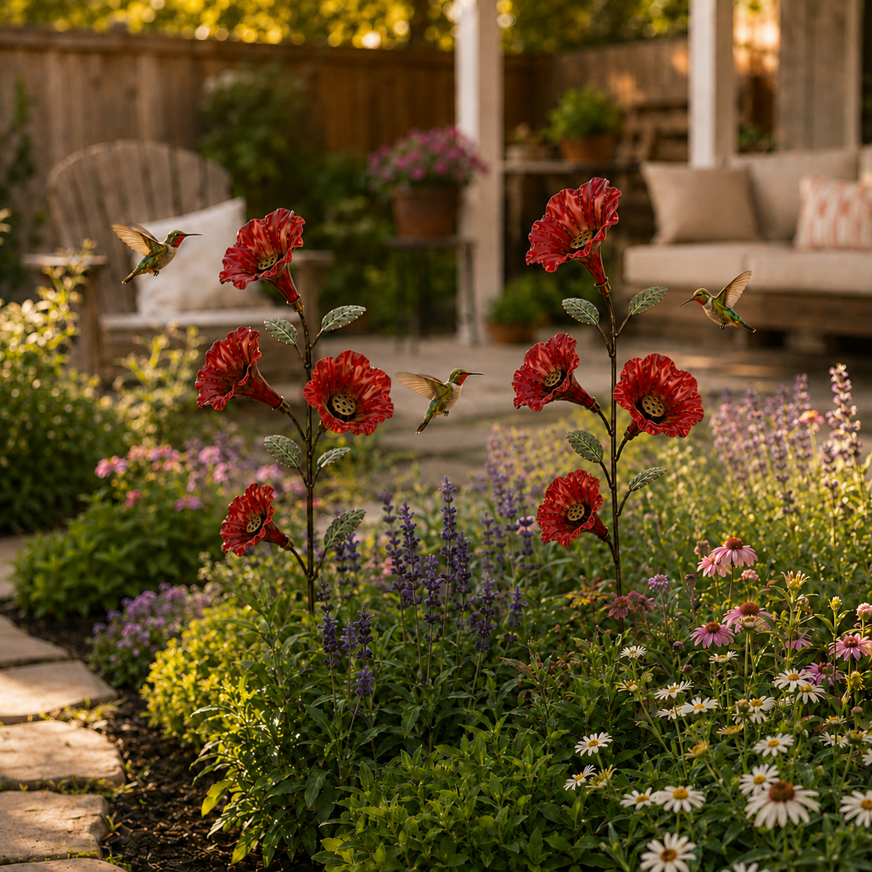 Multiple red flower hummingbird feeder garden stakes in a landscaped garden