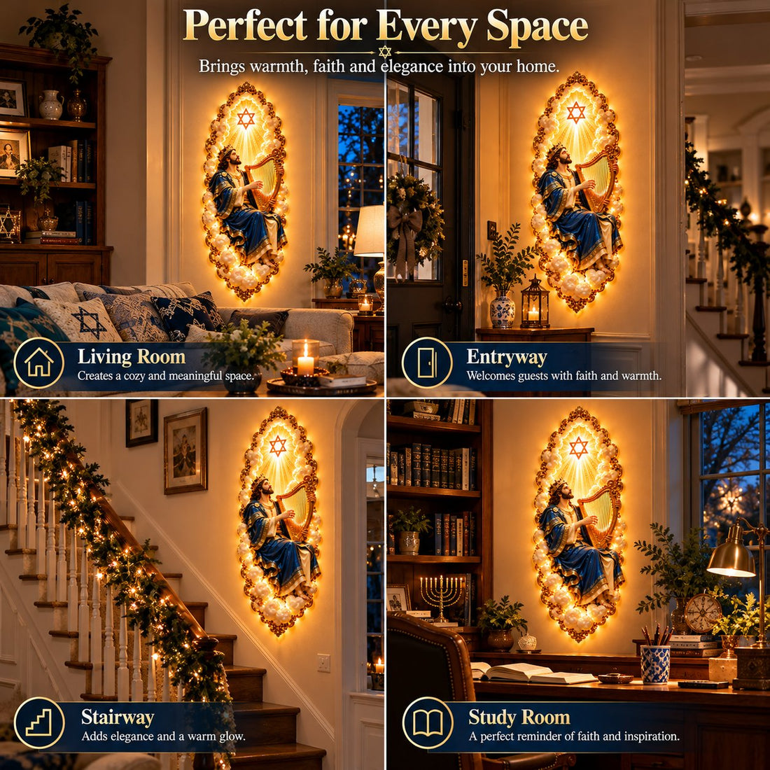 Illuminated Jewish heritage wall art home scene