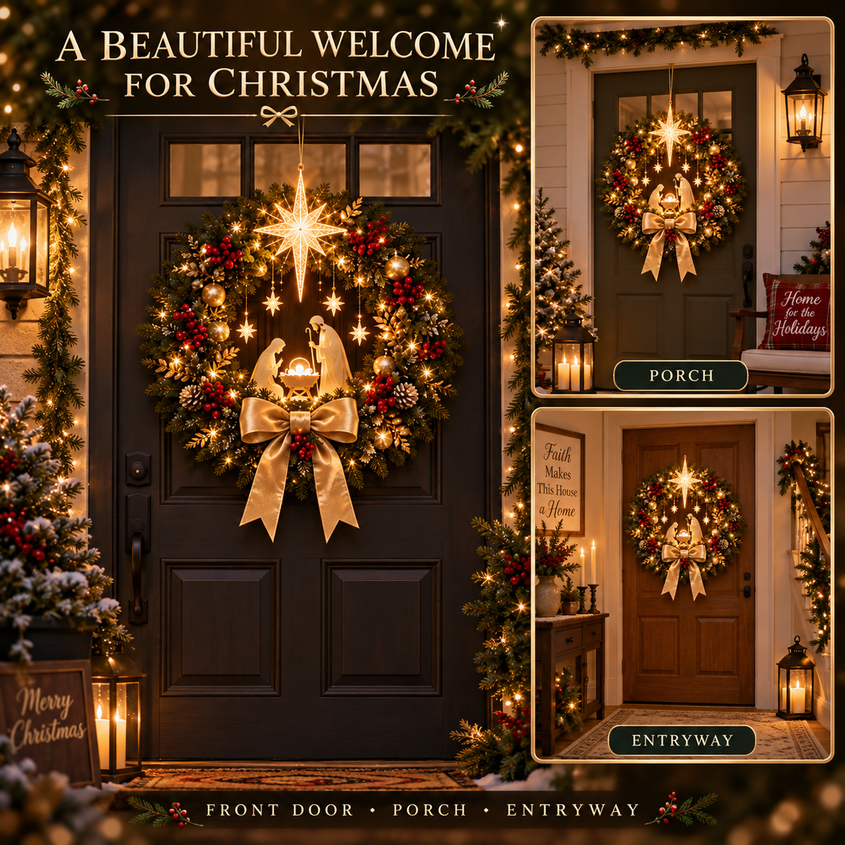 ✨LAST DAY 50% OFF✨ Lighted Nativity Christmas Wreath – Bethlehem Star Front Door Decor🎄