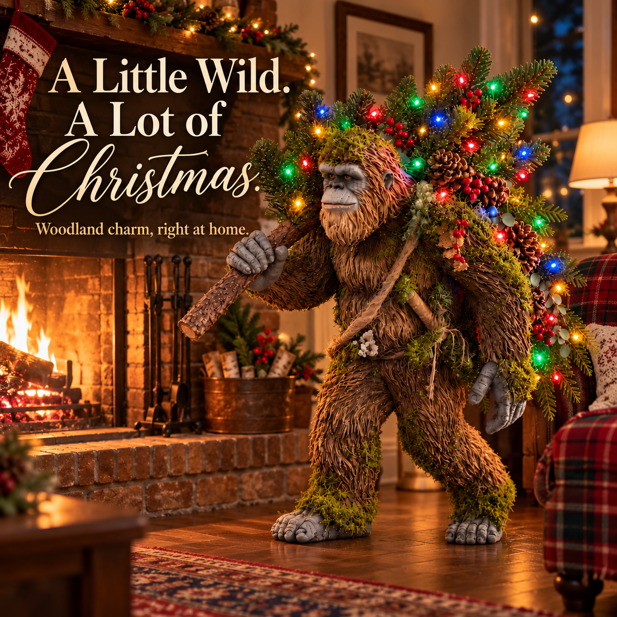 Bigfoot Christmas decoration beside fireplace