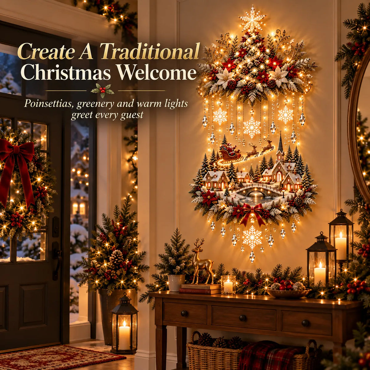 Christmas village wall hanging in entryway
