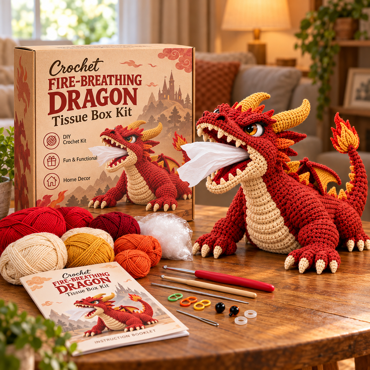DIY crochet fire-breathing dragon tissue box kit displayed with yarn, crochet hooks, stuffing, eyes, stitch markers and instructions