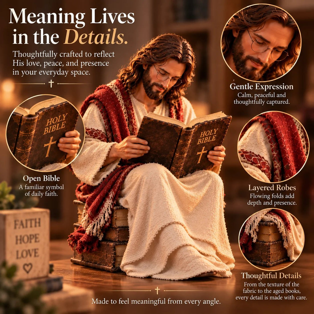 Jesus reading figurine displayed on bookshelf