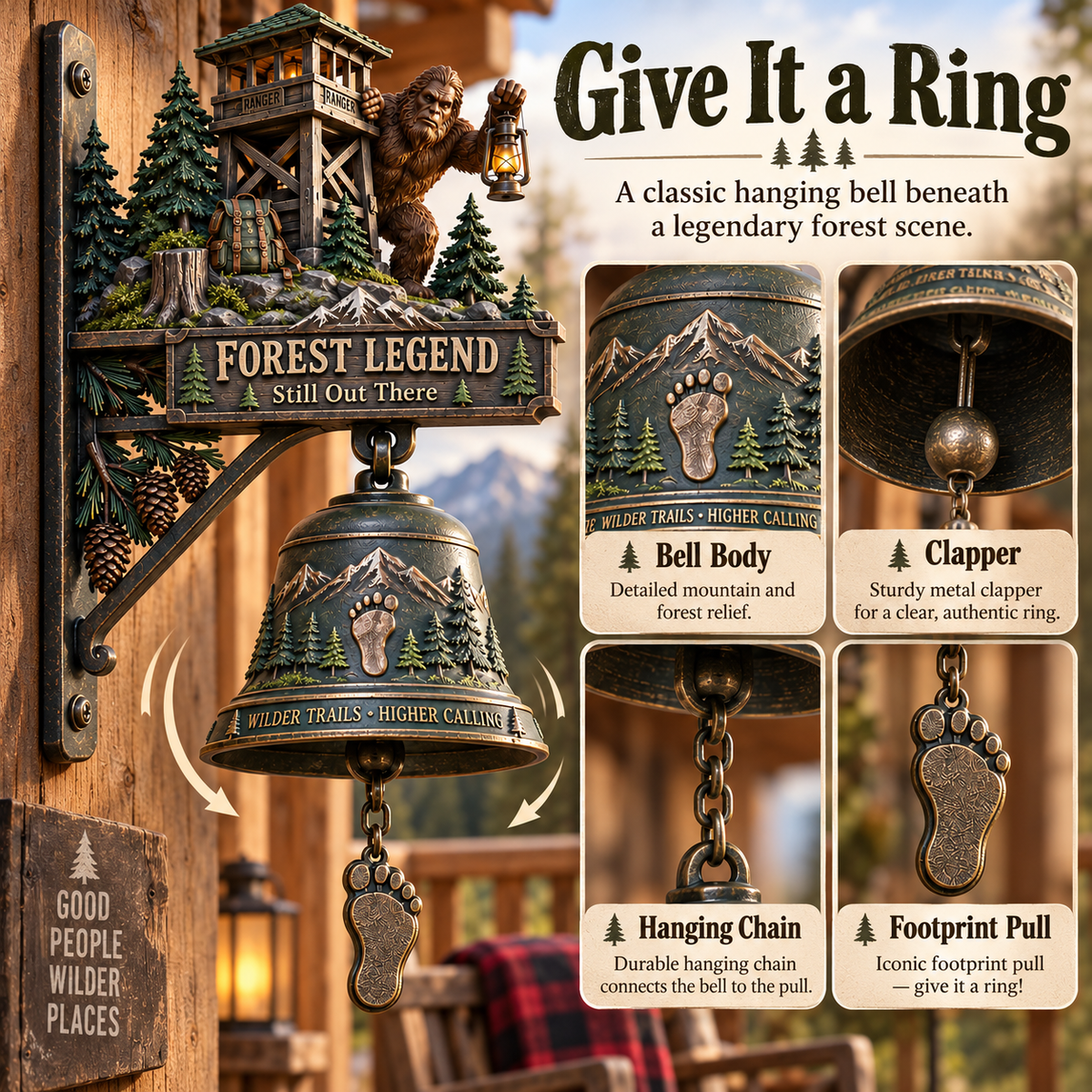 Bigfoot Forest Ranger Bell pull chain, clapper and footprint charm details