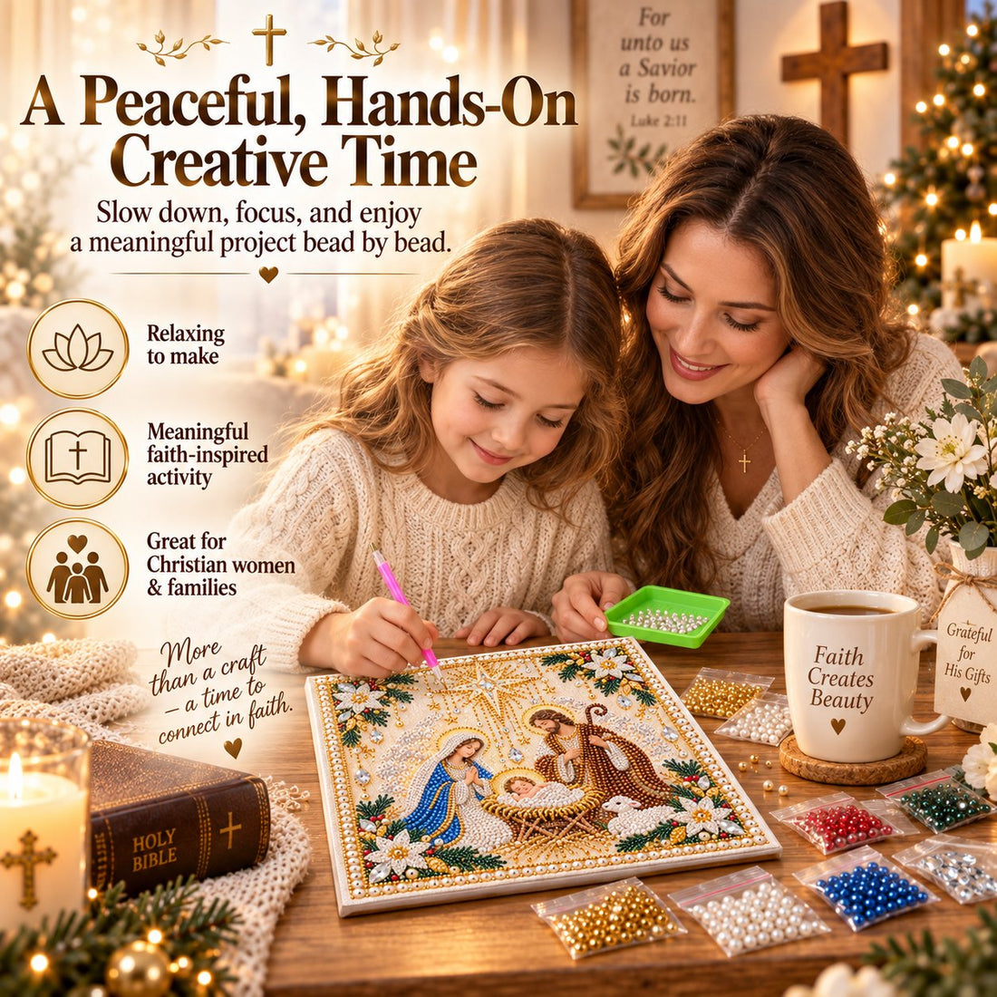 Woman creating Christian pearl artwork at home