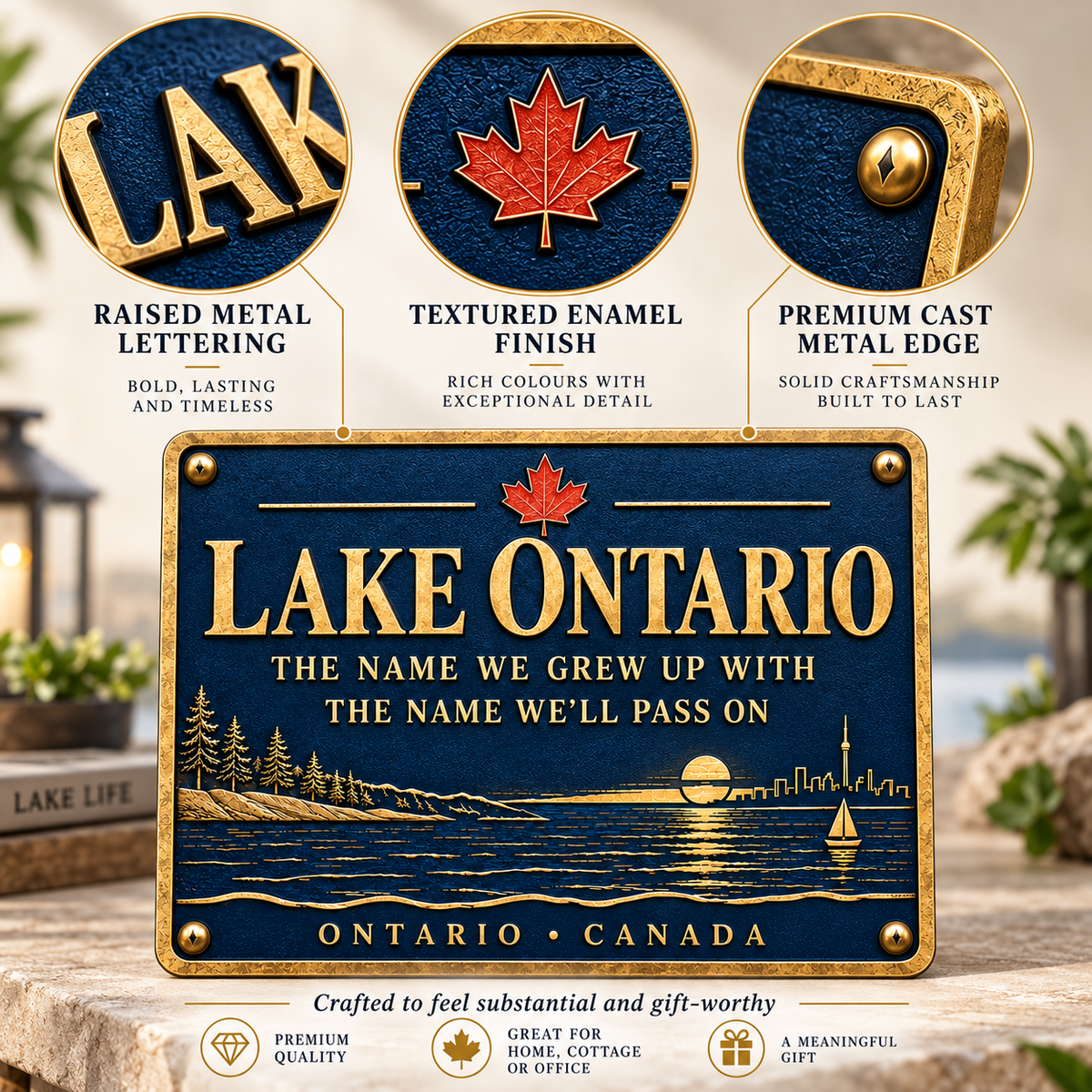 Lake Ontario sign raised metal lettering textured enamel finish and cast metal edge