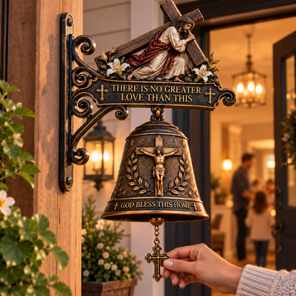 Jesus Cross Christian Hanging Bell – “God Bless This Home” Rustic Faith-Inspired Door & Porch Decor