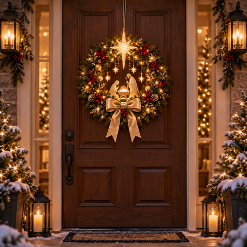 ✨LAST DAY 50% OFF✨ Lighted Nativity Christmas Wreath – Bethlehem Star Front Door Decor🎄