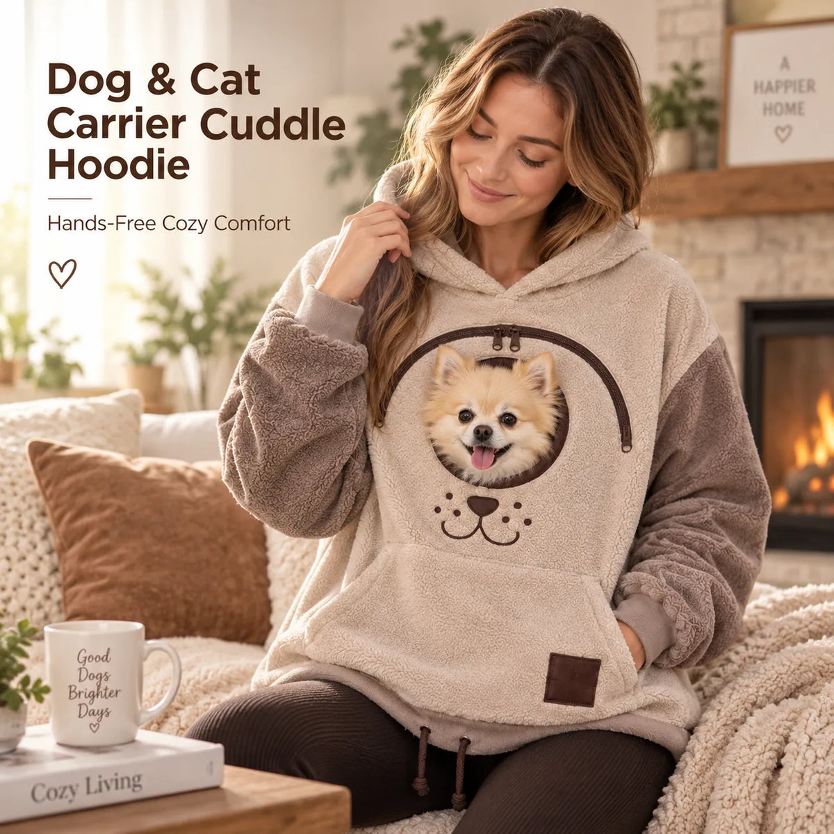 Woman wearing Stay Close Cuddle Hoodie with small dog
