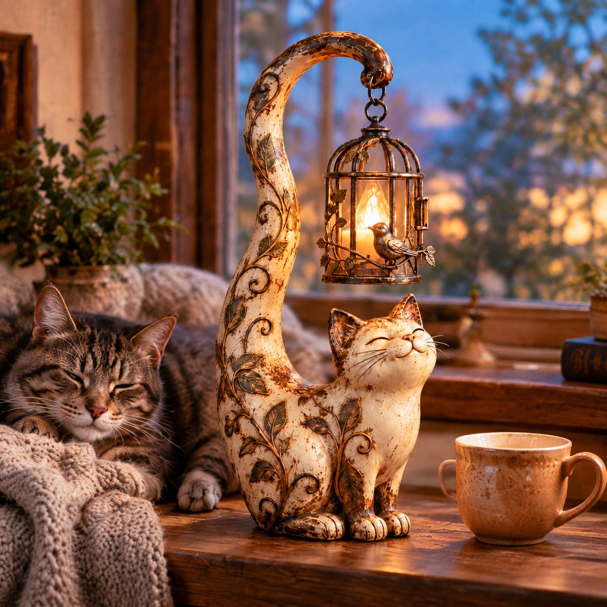 Little Guardian Cat Lantern beside a sleeping cat
