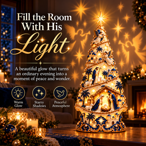 🔥Last Day 50% OFF-✨✝️ Bethlehem Nativity Light-Up Christmas Tree – Jesus Shadow Projection Holiday Decor