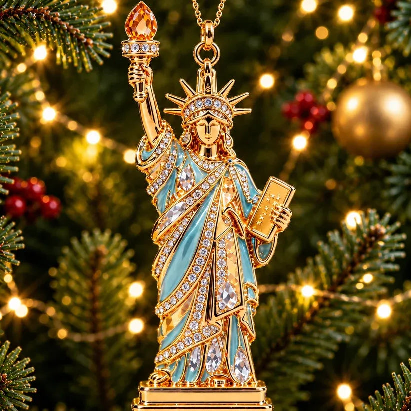 Statue of Liberty crystal Christmas ornament glowing among Christmas lights