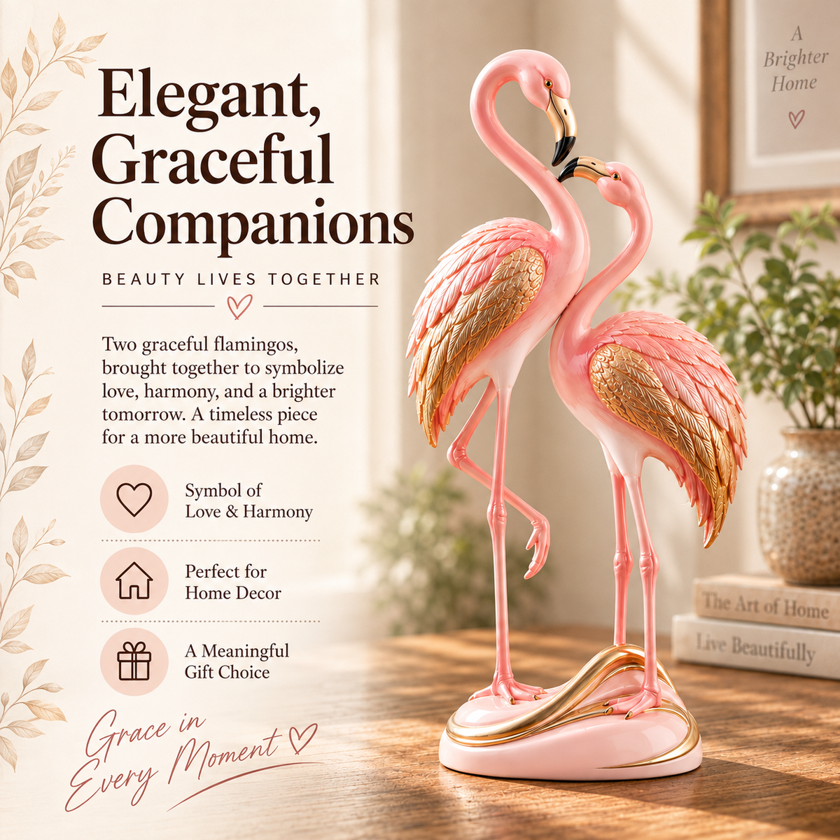 🦩✨ Blush & Gold Flamingo Couple Figurine 🌸💗