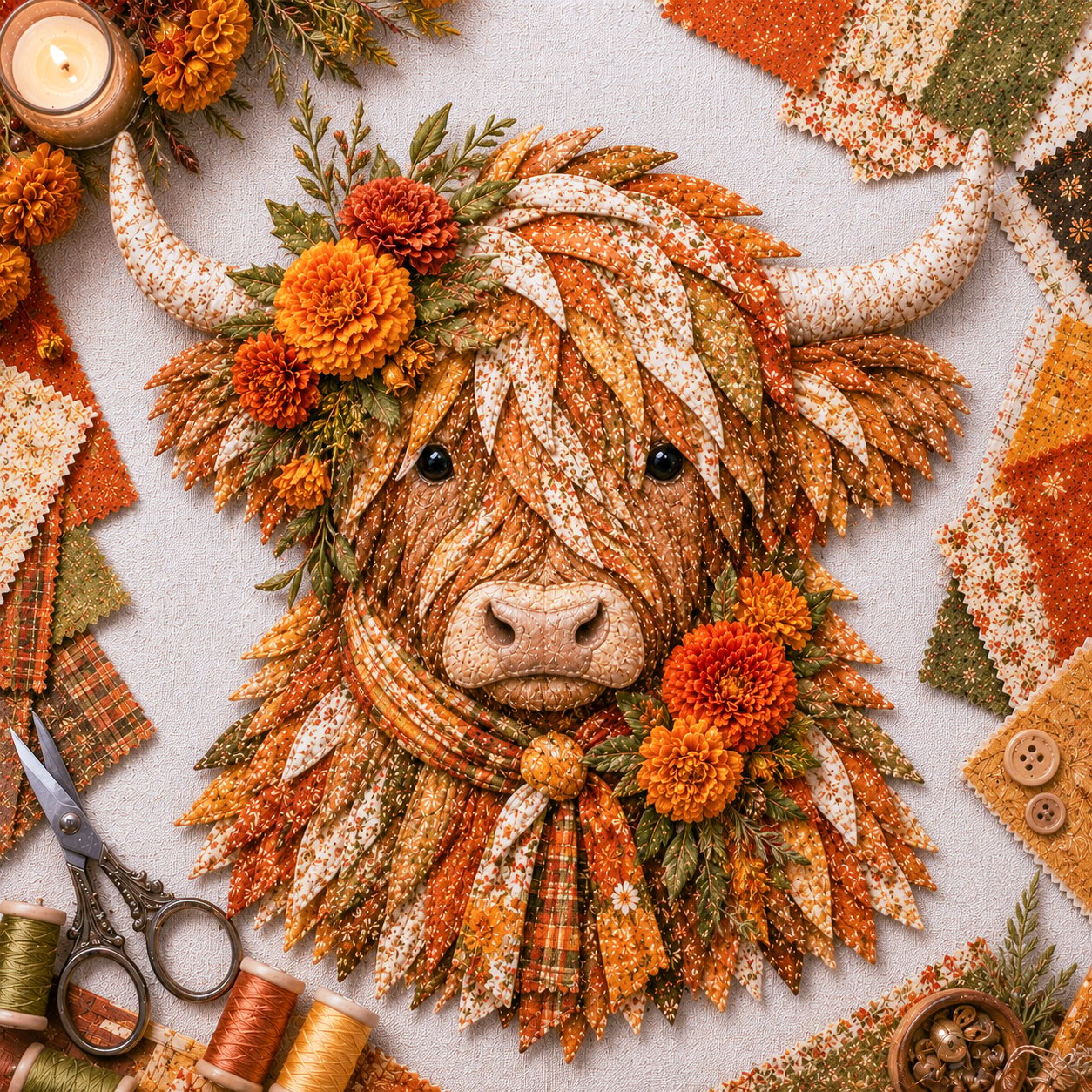 🐮💐🌸 Birth Flower Highland Cow 3D Layered Fabric Art DIY Kit (Beginner-friendly)