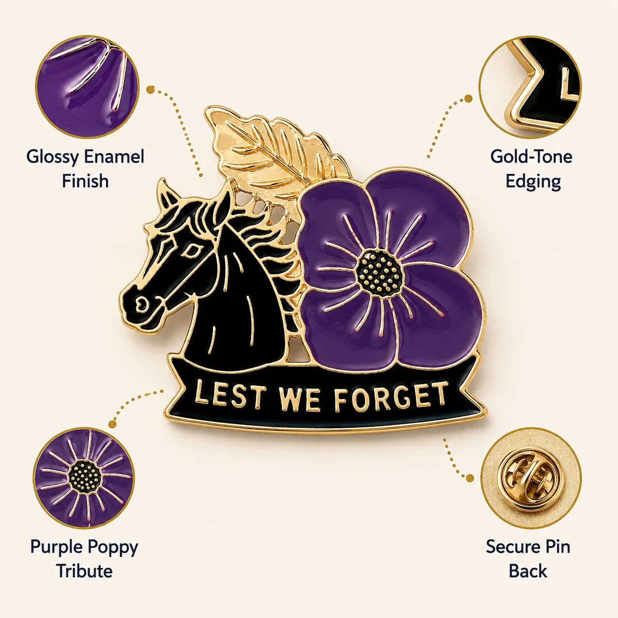 War Horse Purple Poppy 111th Anniversary Remembrance Brooch