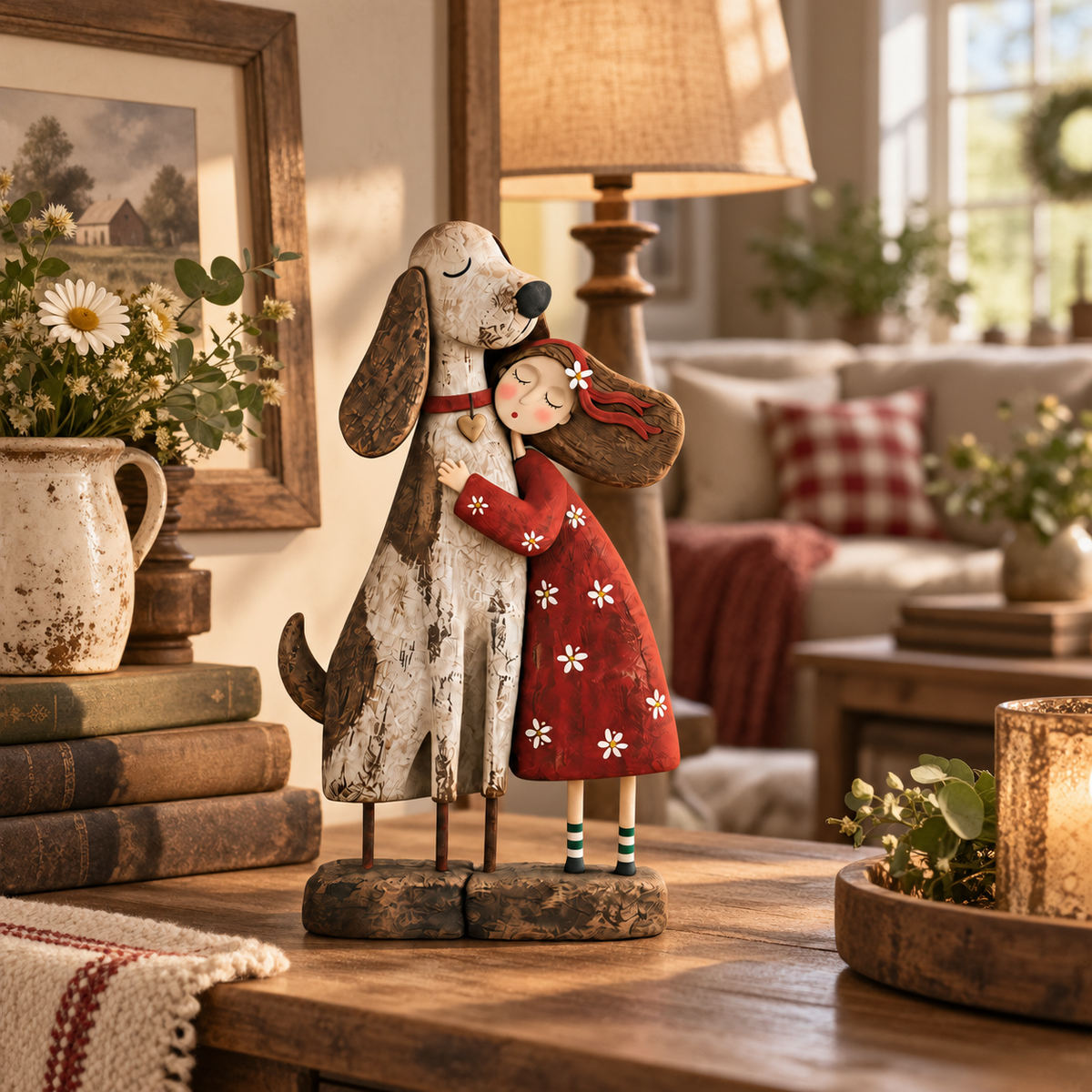 Girl hugging her best friend dog folk art figurine