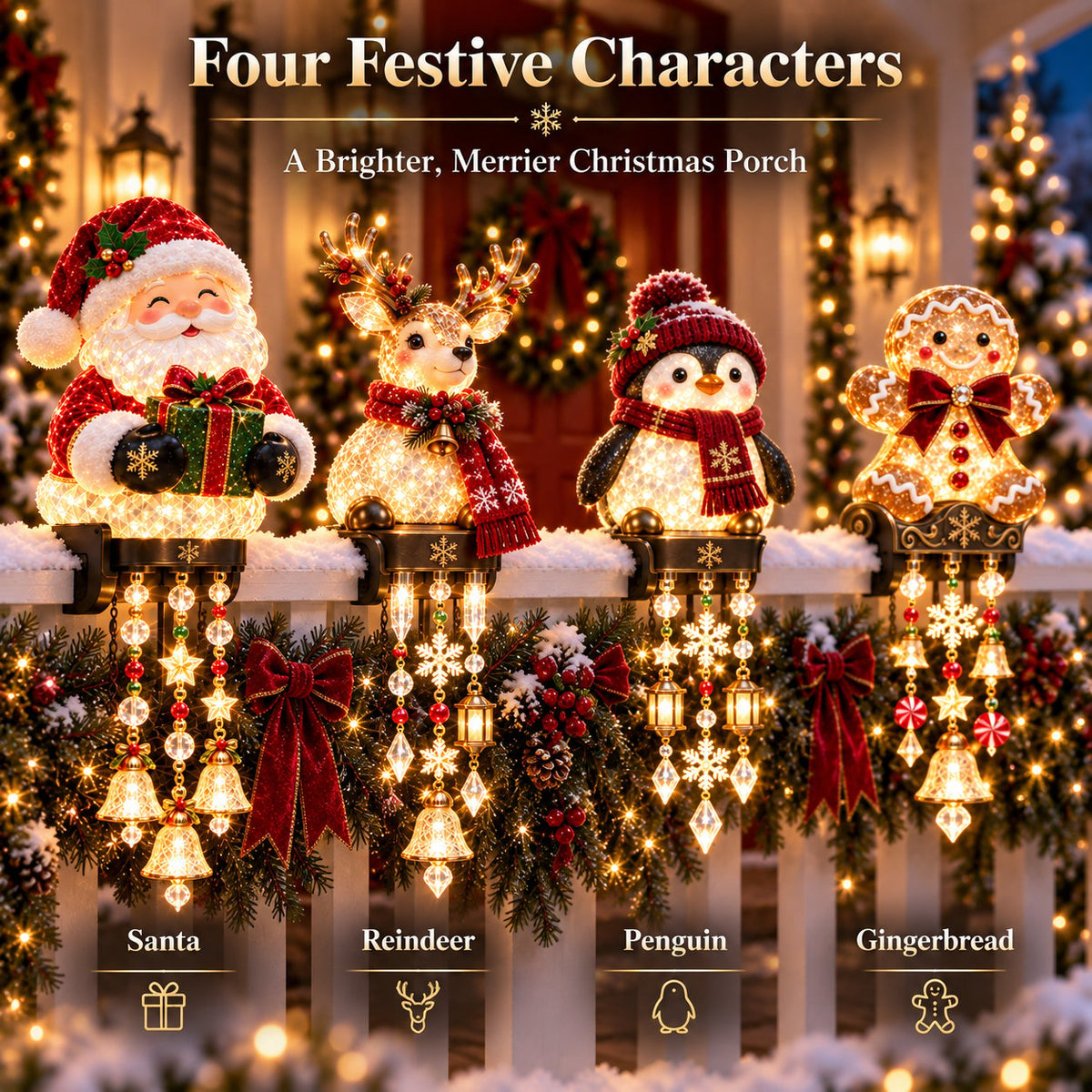 🎄 Christmas Porch Railing Lights – 4 Festive Character Designs