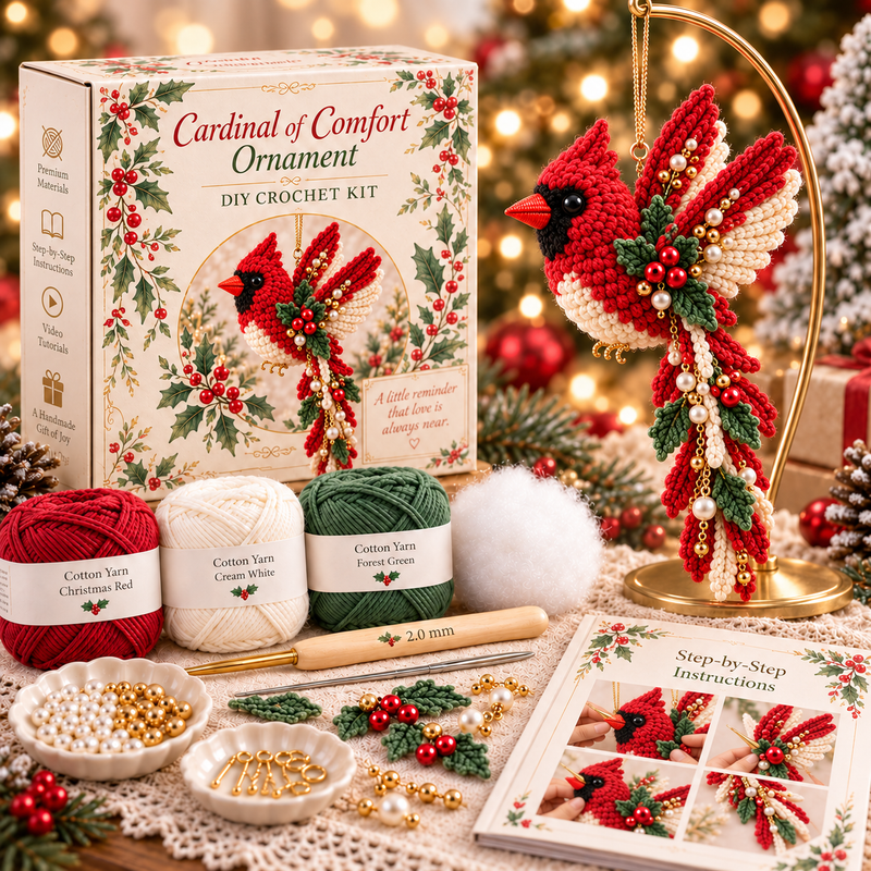 Cardinal of Comfort red crochet ornament with holly leaves, red berries and DIY kit supplies