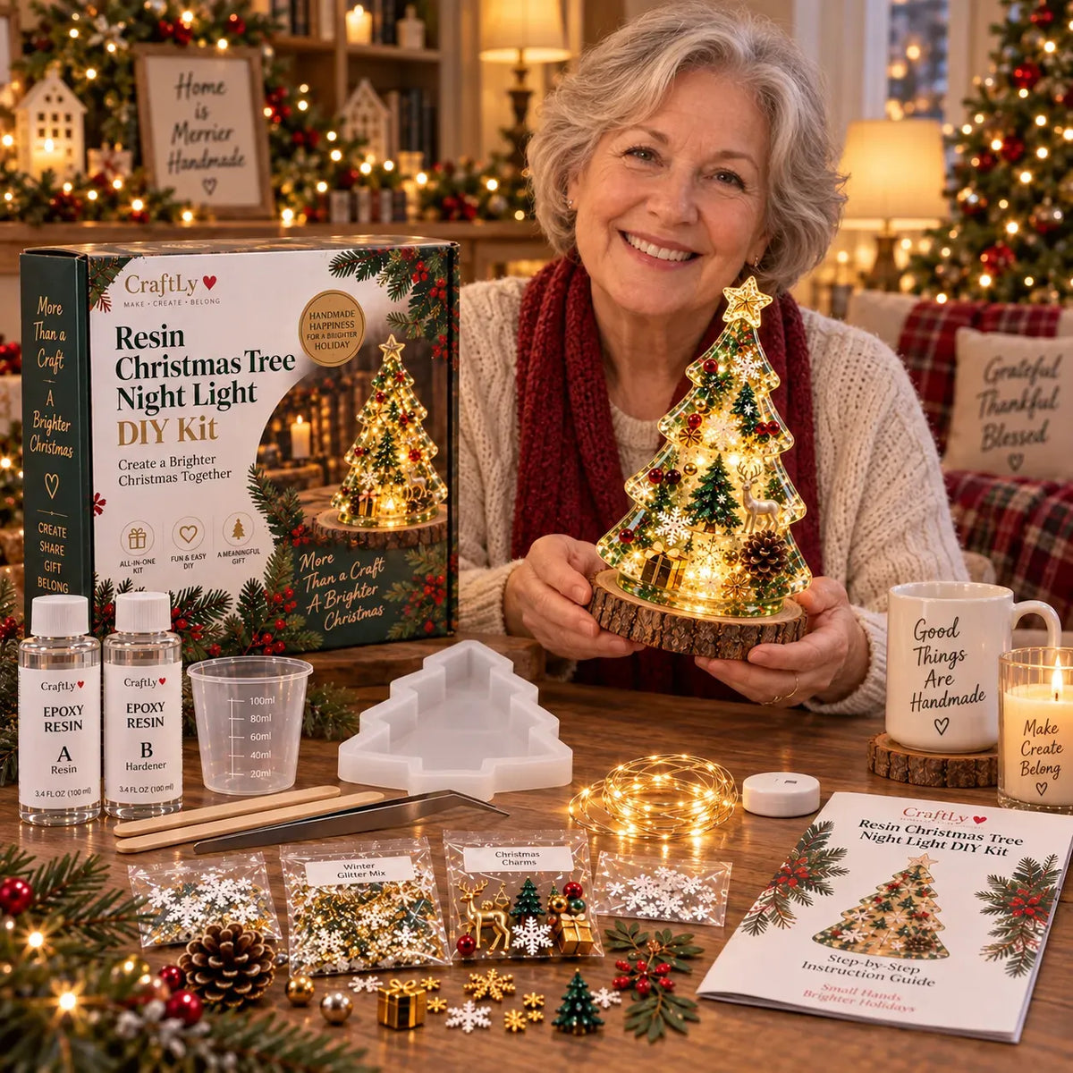 🎄Beginner-Friendly Resin Christmas Tree Night Light DIY Kit | Complete Kit with Mold, Resin, Fairy Lights & Festive Decorations ✨
