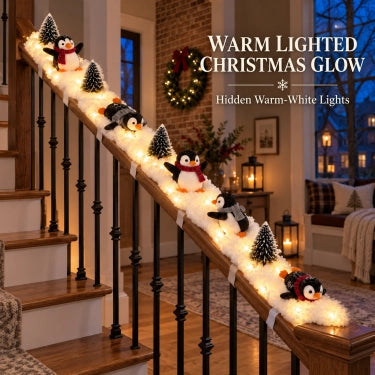 Family Christmas penguin staircase decor