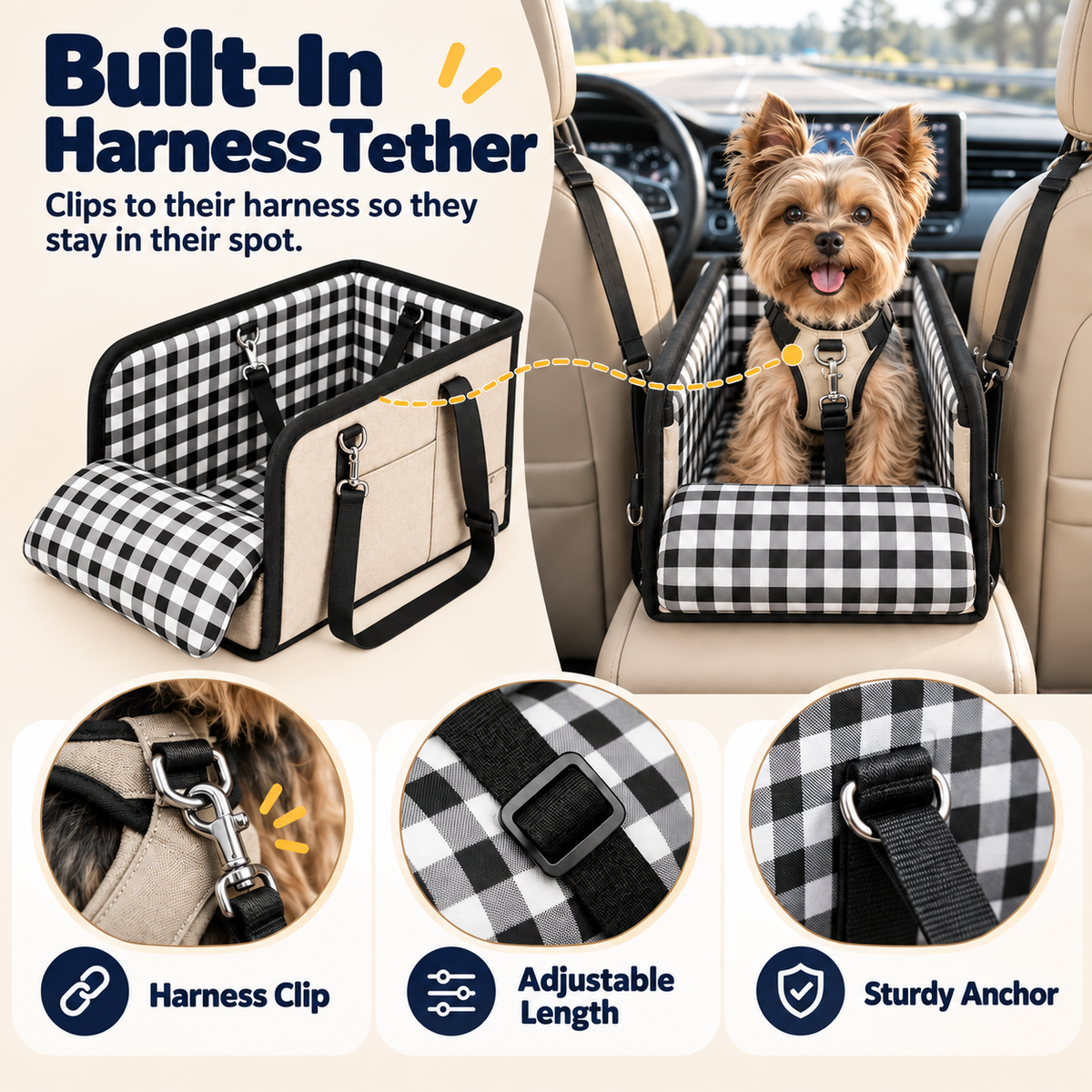 Built in harness tether on center console pet seat