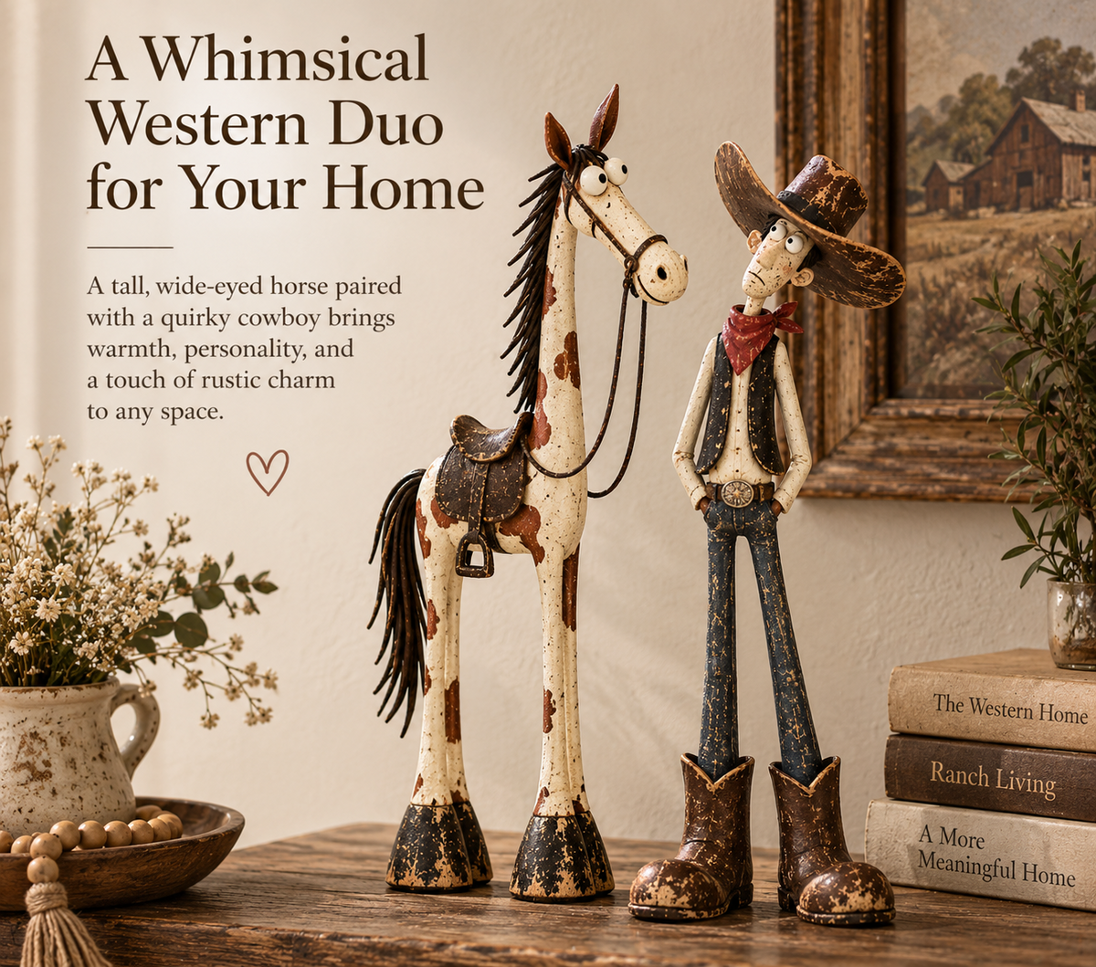 Whimsical western cowboy and horse figurine duo