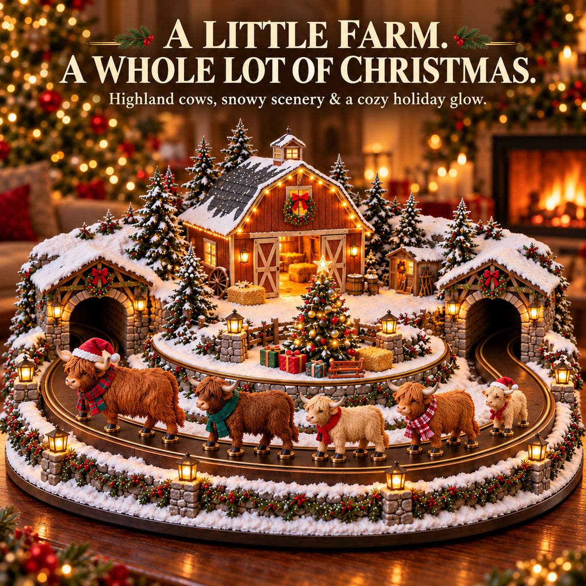🐮🎄 Animated Highland Cow Christmas Farm – Light-Up Holiday Tabletop Décor