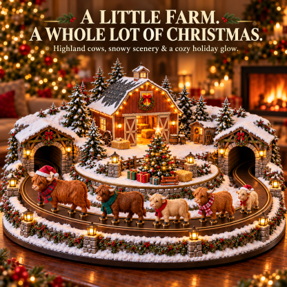 🐮🎄 Animated Highland Cow Christmas Farm – Light-Up Holiday Tabletop Décor