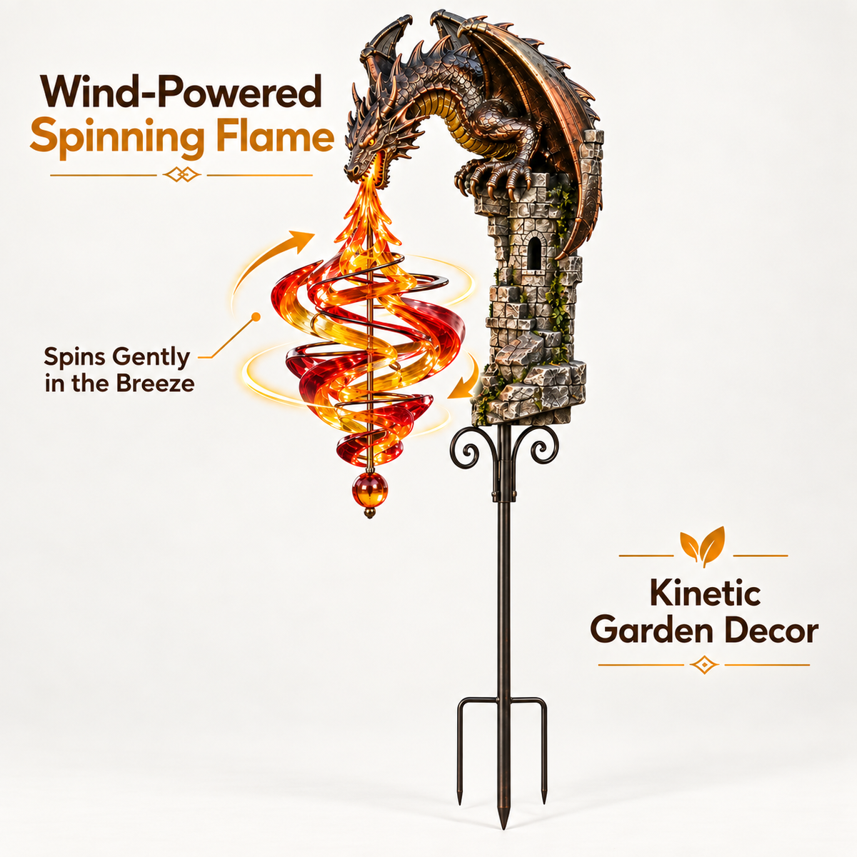Wind-powered spinning flame garden spinner with ground stake