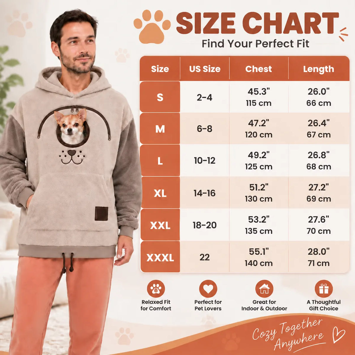 Stay Close Cuddle Hoodie size chart S through 3XL
