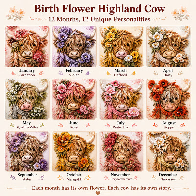🐮💐🌸 Birth Flower Highland Cow 3D Layered Fabric Art DIY Kit (Beginner-friendly)