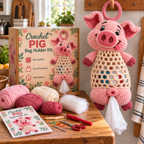 Pink pig crochet animal bag holder DIY kit