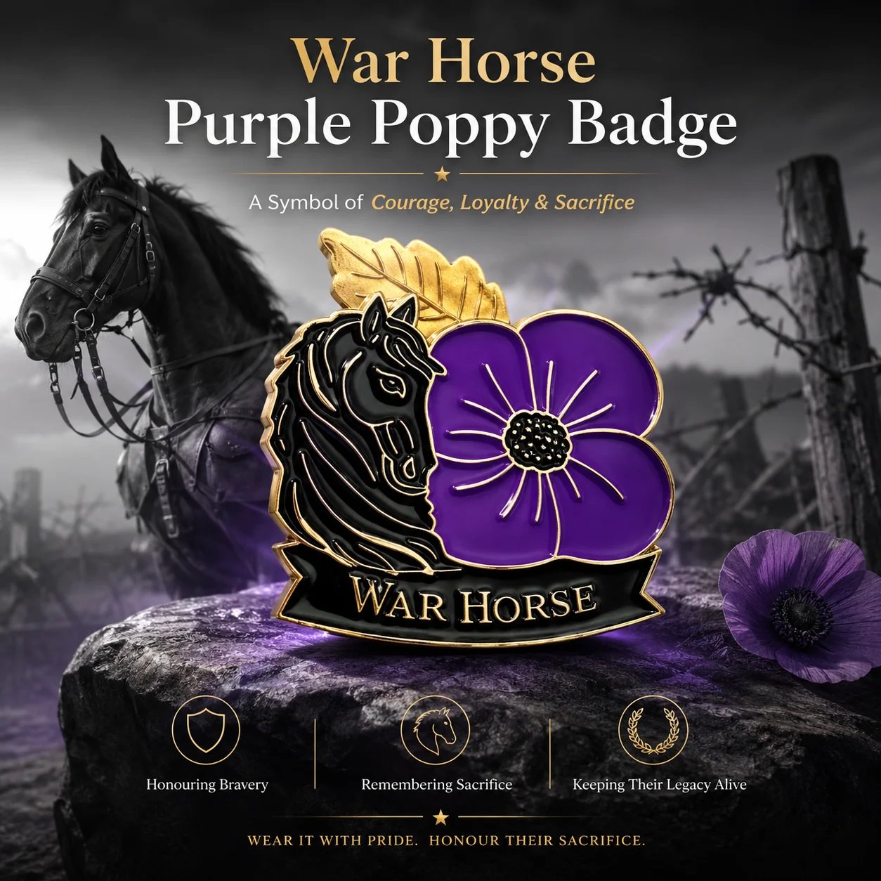 War Horse Purple Poppy 111th Anniversary Remembrance Brooch