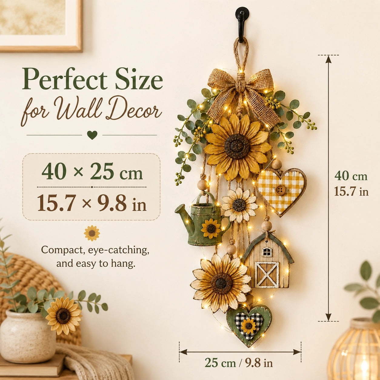 Rustic sunflower garden hanging ornament displayed beside a farmhouse entry door