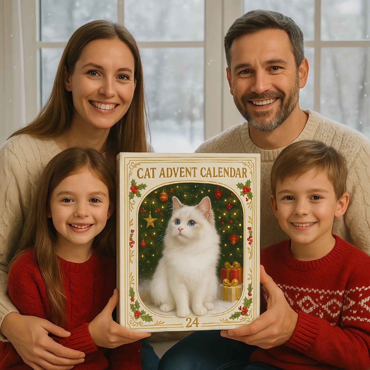 Family holding Cat Advent Calendar as a Christmas gift