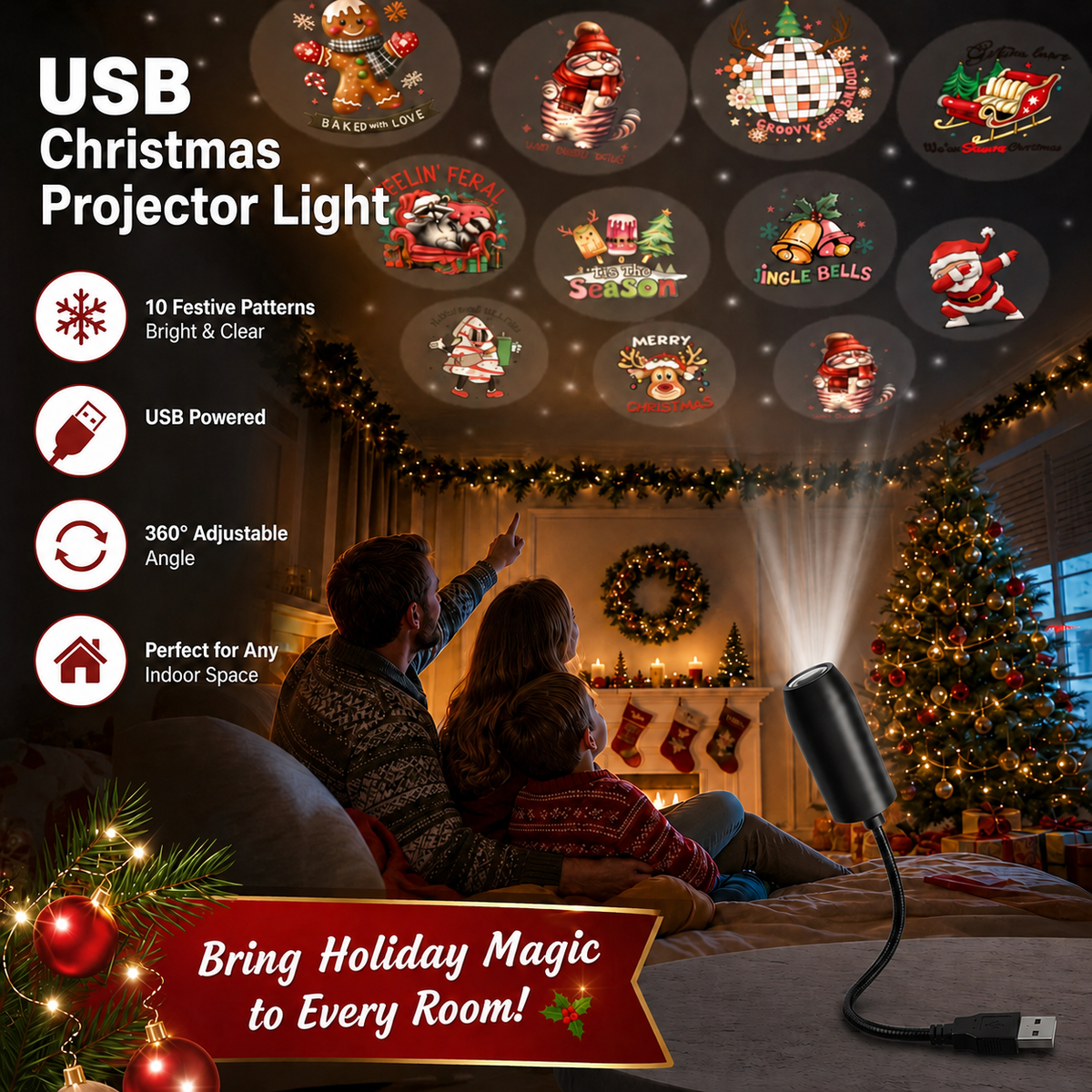 Family enjoying Christmas ceiling projection