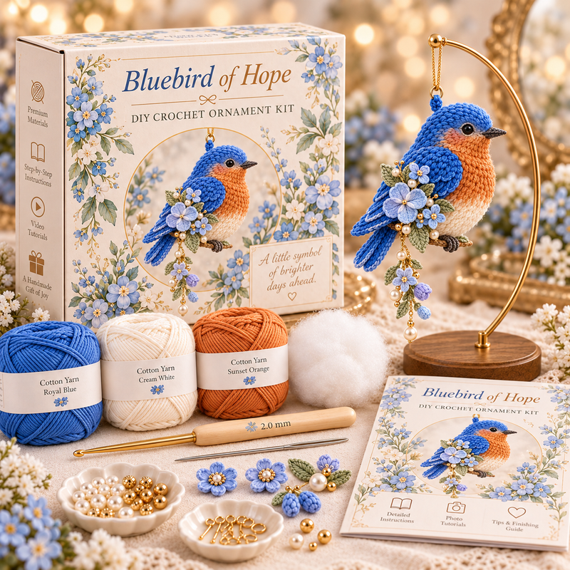 Bluebird of Hope DIY kit with royal blue and orange crochet bird, blue flowers and materials