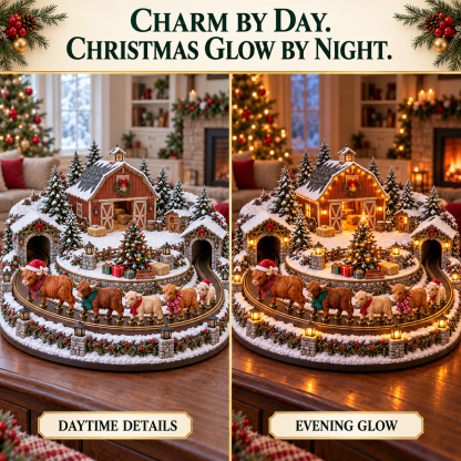🐮🎄 Animated Highland Cow Christmas Farm – Light-Up Holiday Tabletop Décor